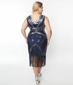 Clothing Unique Vintage Plus Size Dark Blue & Silver Deco Sequin Flapper Dress