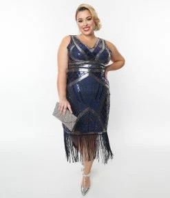 Clothing Unique Vintage Plus Size Dark Blue & Silver Deco Sequin Flapper Dress