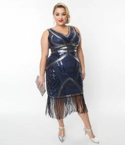 Clothing Unique Vintage Plus Size Dark Blue & Silver Deco Sequin Flapper Dress