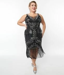 Unique Vintage Plus Size Black & Silver Sequin Sleeveless Fringe Flapper Dress