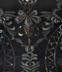 Unique Vintage Plus Size Black & Silver Sequin Sleeveless Fringe Flapper Dress