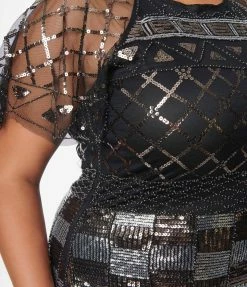 Unique Vintage Plus Size Black & Silver Geometric Sequin Fringe Flapper Dress Clothing
