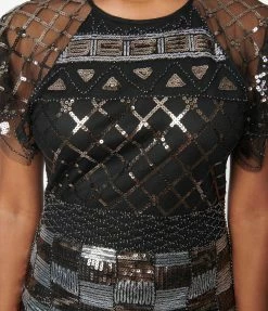 Unique Vintage Black & Silver Geometric Sequin Fringe Flapper Dress