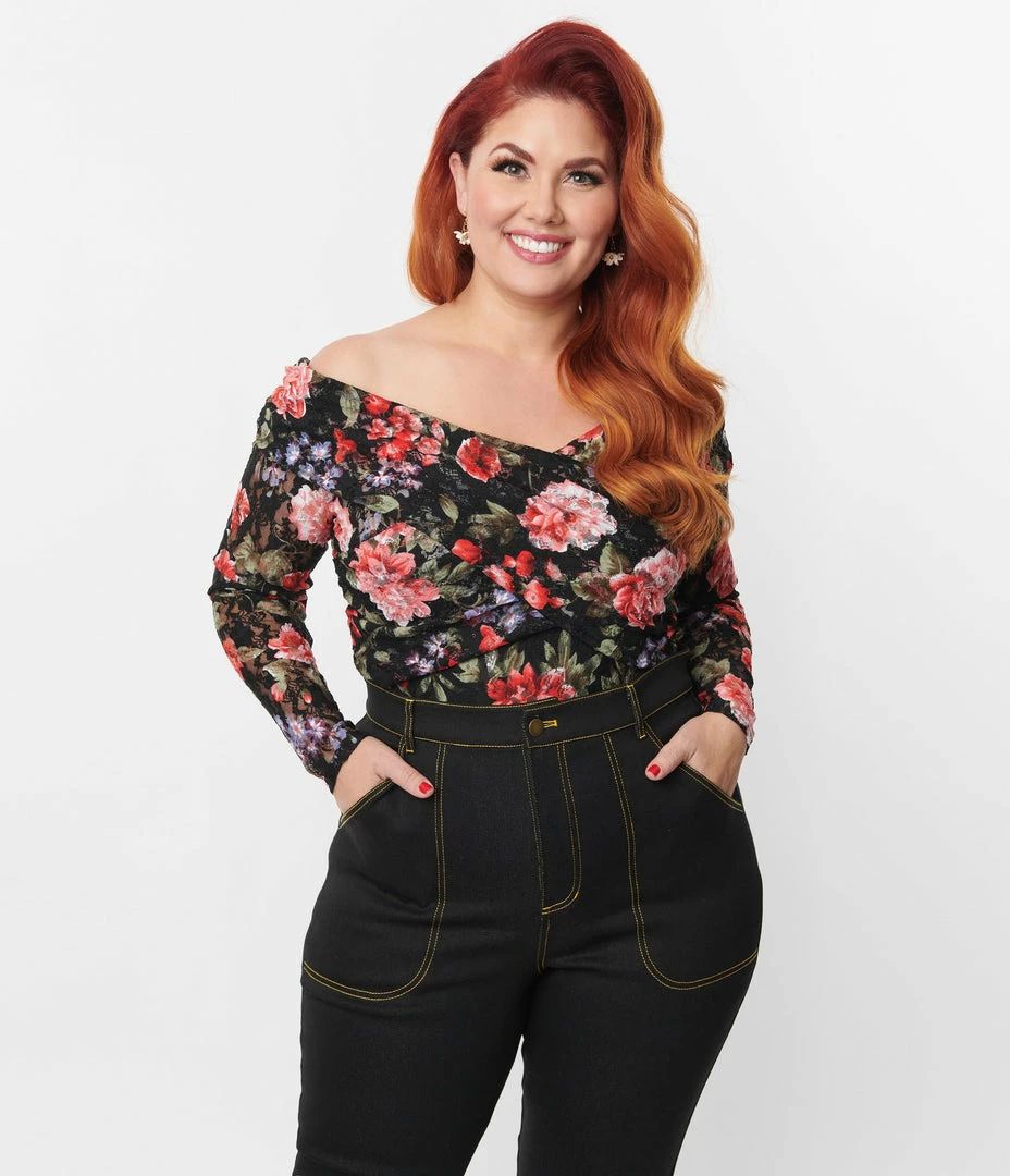 Unique Vintage Plus Size Black Floral Lace Saturday Night Bodysuit Clothing