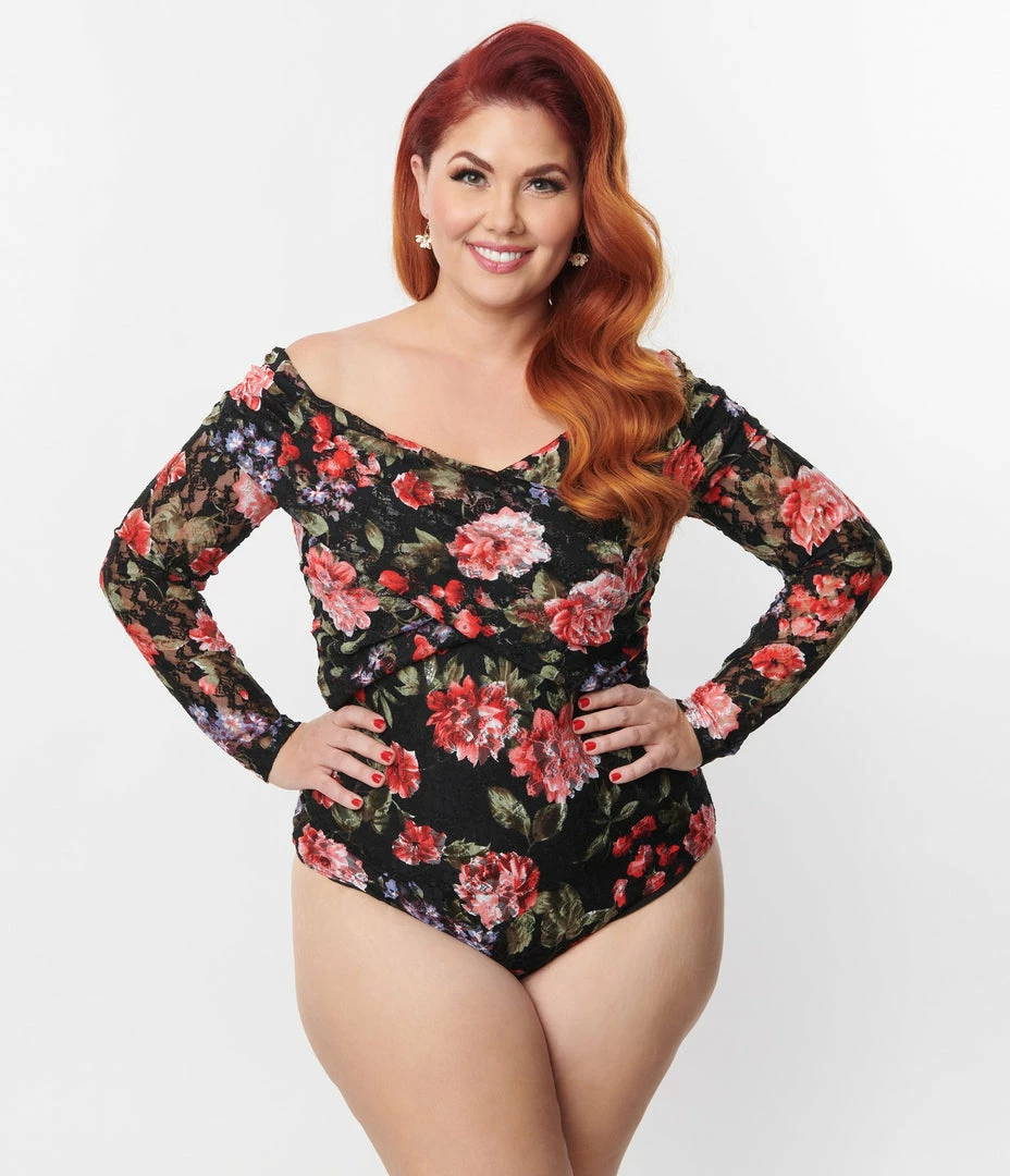 Unique Vintage Plus Size Black Floral Lace Saturday Night Bodysuit Clothing