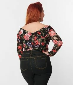 Unique Vintage Plus Size Black Floral Lace Saturday Night Bodysuit Clothing