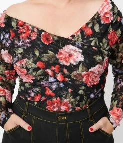 Unique Vintage Plus Size Black Floral Lace Saturday Night Bodysuit Clothing