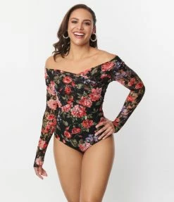 Clothing Unique Vintage Black Floral Lace Saturday Night Bodysuit