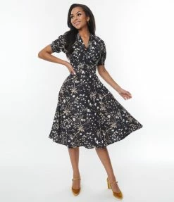 SHEEN Clothing Ltd Black Floral Leaf Tia Dress