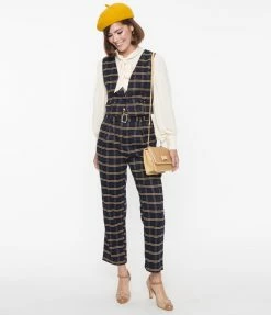 SHEEN Clothing Ltd Navy & Tan Plaid Paperbag Pants