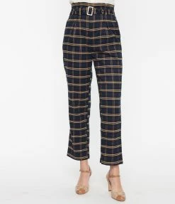 SHEEN Clothing Ltd Navy & Tan Plaid Paperbag Pants