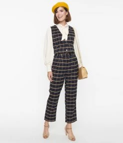 SHEEN Clothing Ltd Navy & Tan Plaid Paperbag Pants