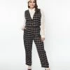 SHEEN Clothing Ltd Plus Size Navy & Tan Plaid Paperbag Pants