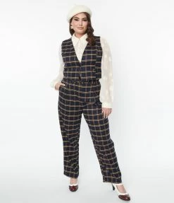 SHEEN Clothing Ltd Plus Size Navy & Tan Plaid Paperbag Pants