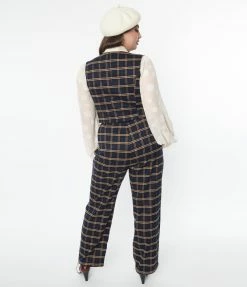 SHEEN Clothing Ltd Plus Size Navy & Tan Plaid Paperbag Pants
