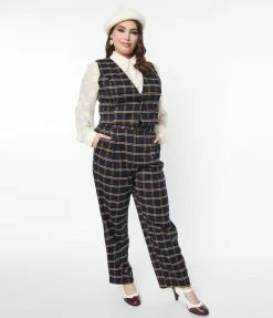 SHEEN Clothing Ltd Plus Size Navy & Tan Plaid Paperbag Pants