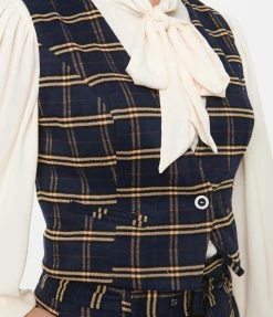 SHEEN Clothing Ltd Navy & Tan Plaid Waistcoat