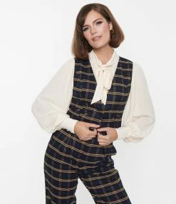 SHEEN Clothing Ltd Navy & Tan Plaid Waistcoat