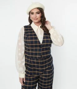 SHEEN Clothing Ltd Plus Size Navy & Tan Plaid Waistcoat