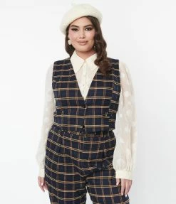 SHEEN Clothing Ltd Plus Size Navy & Tan Plaid Waistcoat