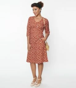 SHEEN Clothing Ltd Trending Rust Red & Cream Polka Dot Swing Dress