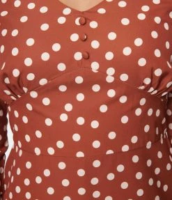 SHEEN Clothing Ltd Trending Rust Red & Cream Polka Dot Swing Dress