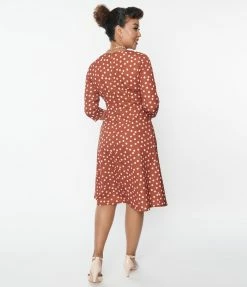 SHEEN Clothing Ltd Trending Rust Red & Cream Polka Dot Swing Dress