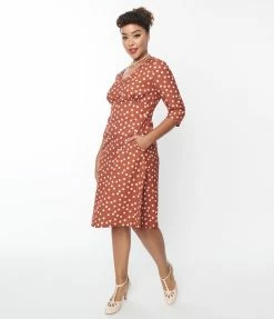 SHEEN Clothing Ltd Trending Rust Red & Cream Polka Dot Swing Dress