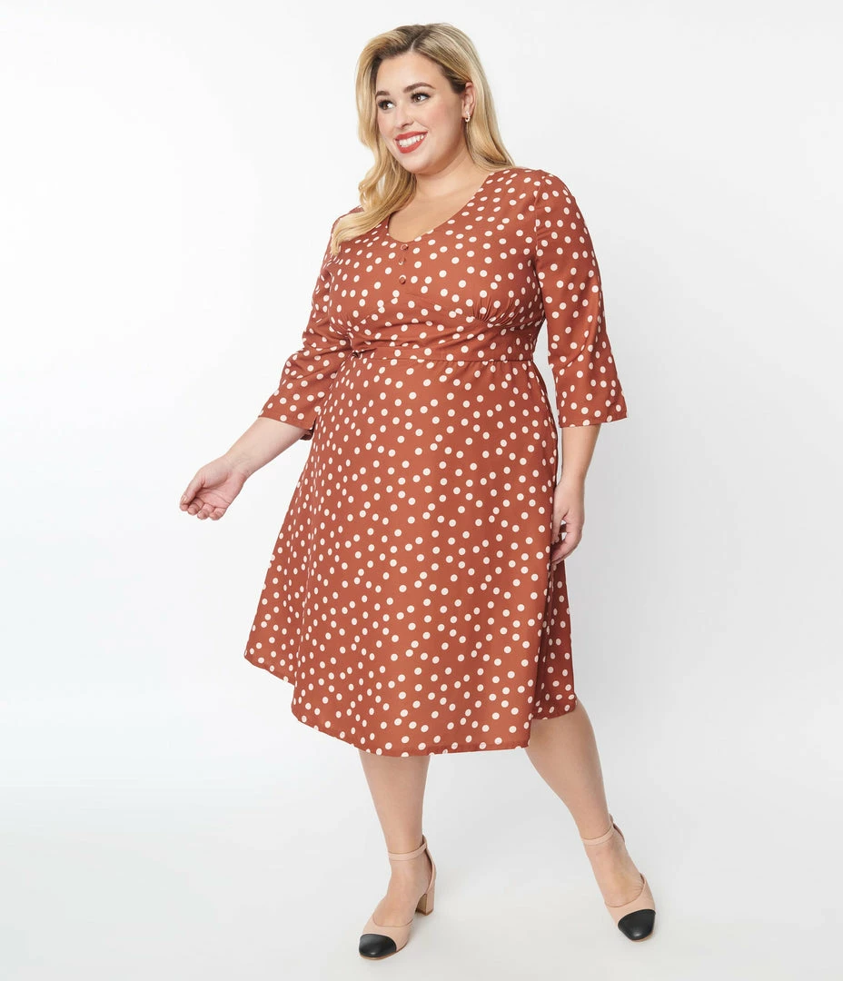 SHEEN Clothing Ltd Plus Size Rust Red & Cream Polka Dot Swing Dress Trending