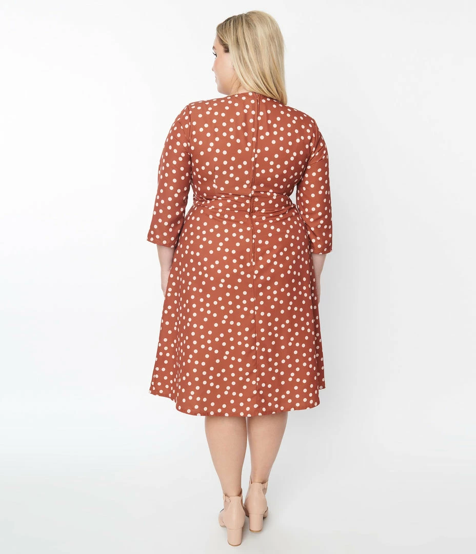 SHEEN Clothing Ltd Plus Size Rust Red & Cream Polka Dot Swing Dress Trending