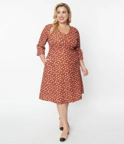 SHEEN Clothing Ltd Plus Size Rust Red & Cream Polka Dot Swing Dress Trending