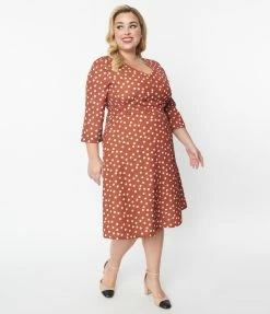 SHEEN Clothing Ltd Plus Size Rust Red & Cream Polka Dot Swing Dress Trending