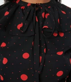 SHEEN Clothing Ltd Black & Red Polka Dot Ruffle Collared Blouse
