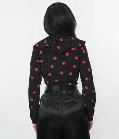 SHEEN Clothing Ltd Black & Red Polka Dot Ruffle Collared Blouse