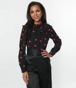 SHEEN Clothing Ltd Black & Red Polka Dot Ruffle Collared Blouse