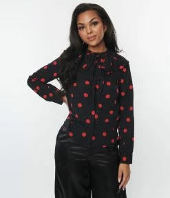 SHEEN Clothing Ltd Black & Red Polka Dot Ruffle Collared Blouse