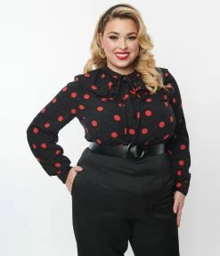SHEEN Clothing Ltd New Arrivals! Plus Size Black & Red Polka Dot Ruffle Collared Blouse