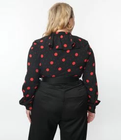 SHEEN Clothing Ltd New Arrivals! Plus Size Black & Red Polka Dot Ruffle Collared Blouse