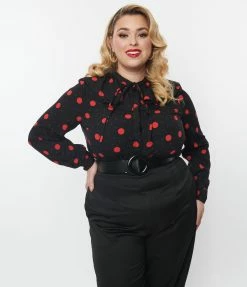SHEEN Clothing Ltd New Arrivals! Plus Size Black & Red Polka Dot Ruffle Collared Blouse