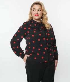 SHEEN Clothing Ltd New Arrivals! Plus Size Black & Red Polka Dot Ruffle Collared Blouse