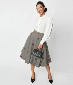 SHEEN Clothing Ltd Black Gingham & Red Roses Sophie Swing Skirt