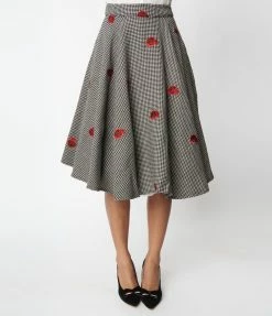 SHEEN Clothing Ltd Black Gingham & Red Roses Sophie Swing Skirt