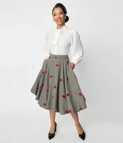 SHEEN Clothing Ltd Black Gingham & Red Roses Sophie Swing Skirt