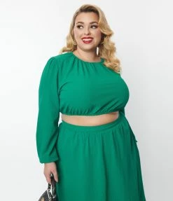 SHEEN Clothing Ltd Plus Size Green Crop Top & Midi Skirt Set