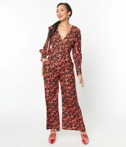 SHEEN Clothing Ltd Black & Red Apple Print Marina Jumpsuit New Arrivals!