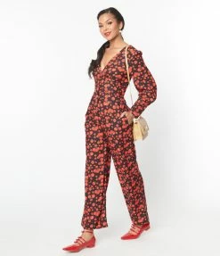 SHEEN Clothing Ltd Black & Red Apple Print Marina Jumpsuit New Arrivals!