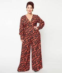 SHEEN Clothing Ltd Plus Size Black & Red Apple Print Marina Jumpsuit
