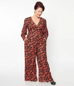 SHEEN Clothing Ltd Plus Size Black & Red Apple Print Marina Jumpsuit