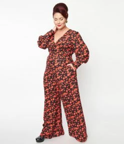 SHEEN Clothing Ltd Plus Size Black & Red Apple Print Marina Jumpsuit