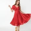 SHEEN Clothing Ltd Red Leaf Print Satin Kaylee Swing Dress